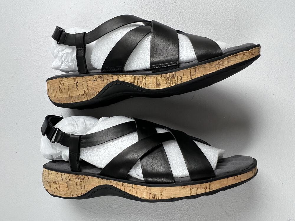 SoftWalk Bonaire Sandals Womens 10.5W Black Leather Strappy Cork Wedge Shoes